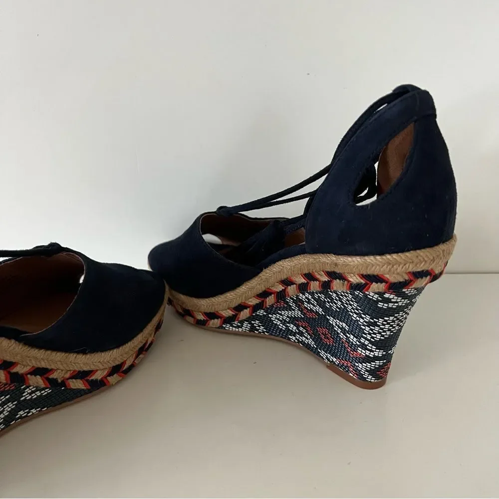 Cabi Isla NWOT wedge blue suede ankle tie up strap espadrilles sandals size 6